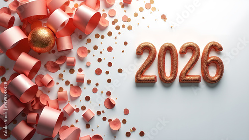 Celebratory design showcasing the year 2026 with ribbons and confetti elements