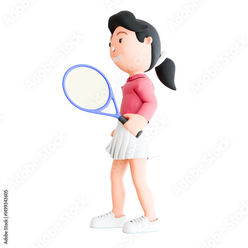 A woman is playing tennis and holding a tennis racket. She is wearing a pink shirt and white skirt