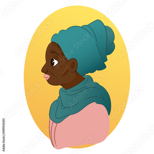Elderly woman with headwrap in side view on yellow background. Flat cartoon portrait illustration. Aging and wisdom concept. Design for card, poster, banner, print, avatar, sticker. Vector