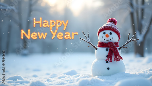 Festive snowman in winter wonderland wishes happy new year with sparkling text