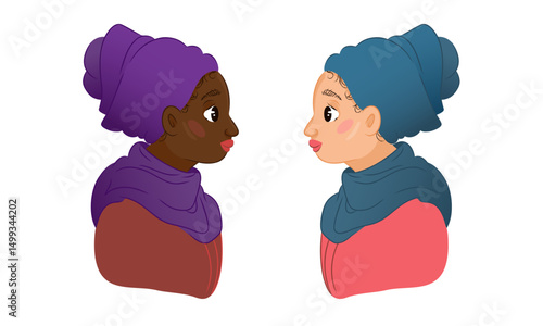 Dark-skinned and light-skinned young women in turquoise headscarves facing each other. Concept of diversity and friendship. Flat cartoon portrait illustration. Design for postcard, poster, print