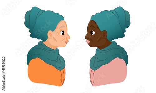 Dark-skinned and light-skinned elderly women in turquoise headscarves facing each other. Concept of aging and unity. Flat cartoon portrait illustration on white background. Design for postcard, poster