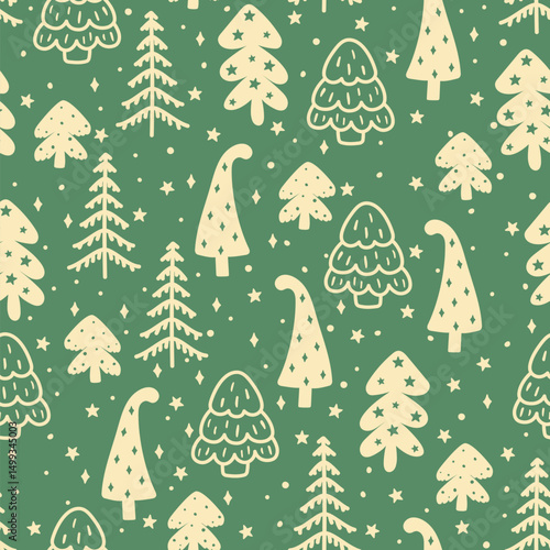 Cute winter forest Scandinavian seamless pattern. Vector doodle New Year print, cute Christmas tree and stars background, funny spruce green and yellow texture with fir tree for paper, fabric, wrap.