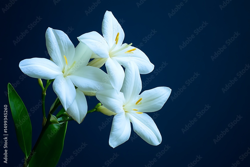 Obraz premium Elegant white Ginger Lily flowers with bright yellow stamens against a dark blue backdrop