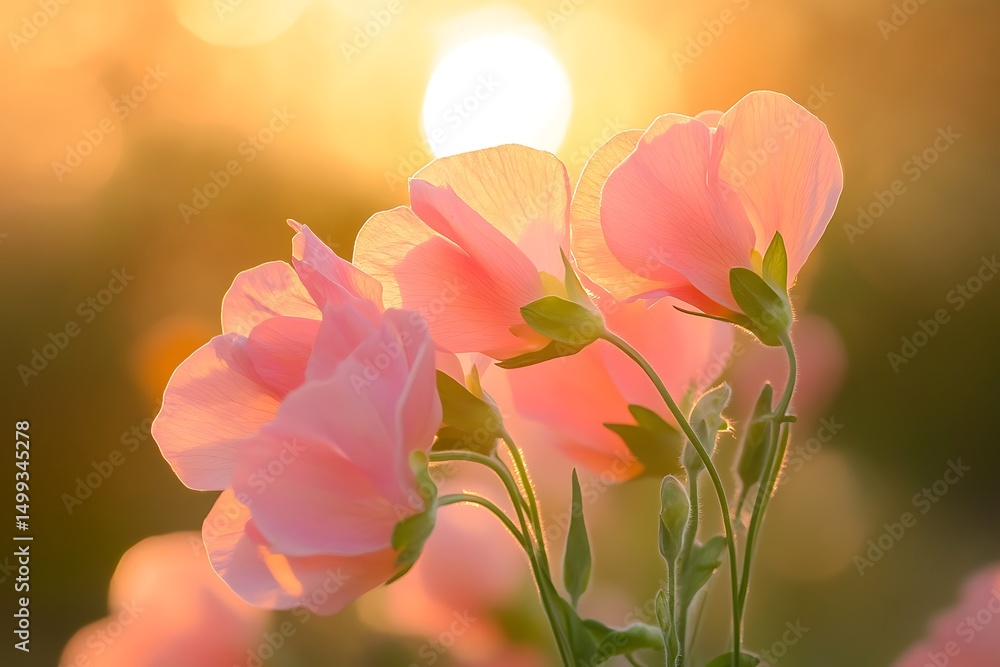 Obraz premium Gentle Pink Sweet Pea Flowers Blossoming in a SunDrenched Garden, Soft Light, Dreamy Effect