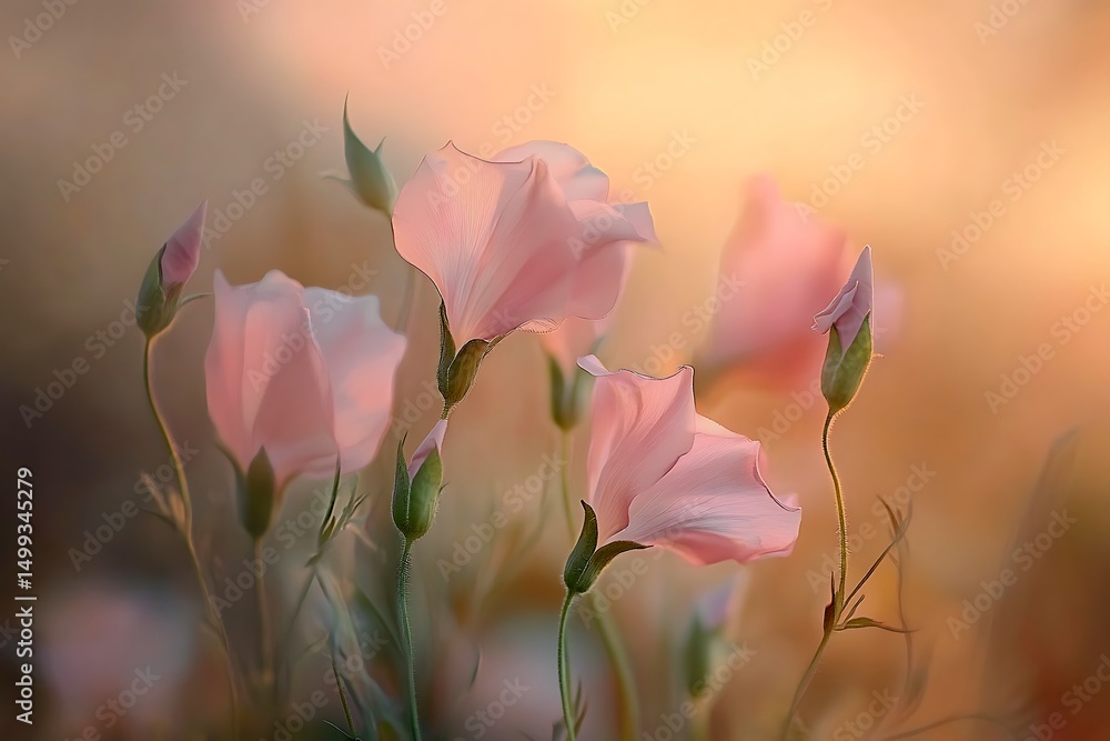 Obraz premium Delicate Pink Flax Flowers Blooming in Warm Sunlight, Soft Focus, Floral Beauty