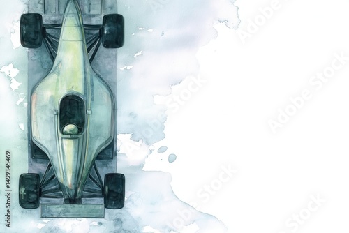 Obraz na płótnie Ilustracja akwarelowa bolidu wyścigowego z lotu ptaka na białym tle