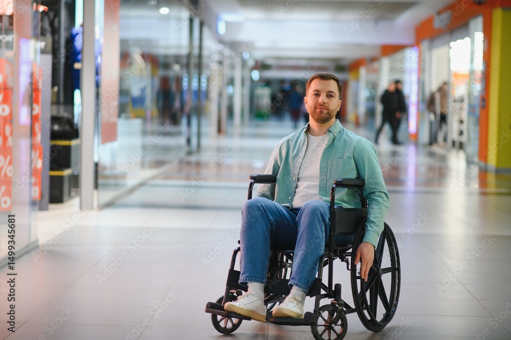 Fototapeta premium Customer using wheelchair shopping in mall, navigating accessibility and independence