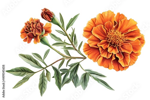Watercolor Orange Marigold Flower, Bud and Green Leaves Floral on White