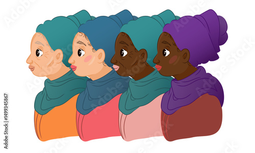 Four women of different ages and skin tones in turquoise headwraps looking in one direction. Flat cartoon portrait illustration on white background. Diversity and generational unity concept. Design