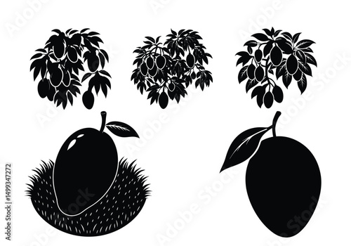 set of black and white fruits on white background 