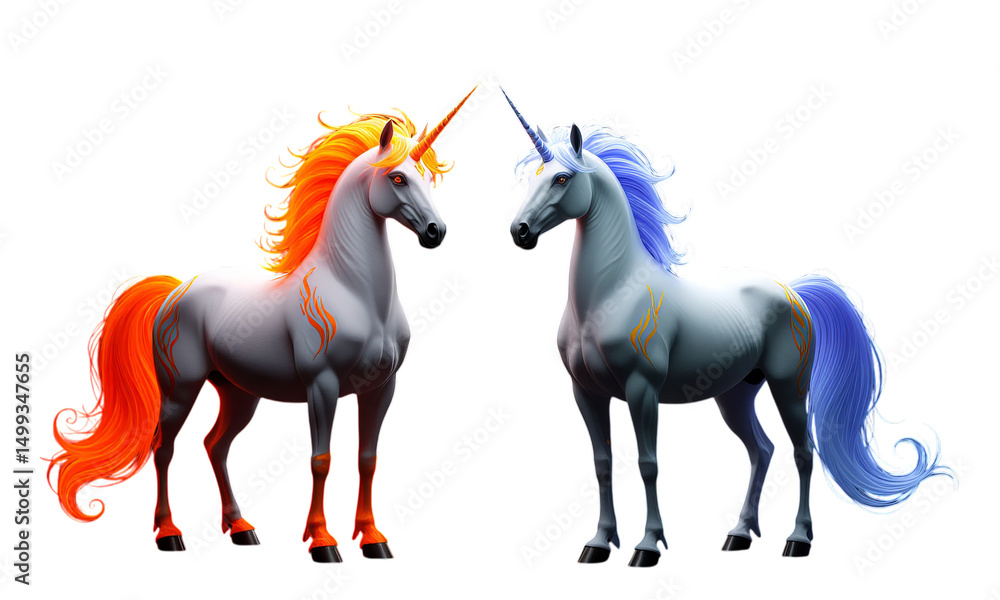 Obraz premium Two Unicorns, Isolated Transparent Background, Neon Orange and Blue Design Elements