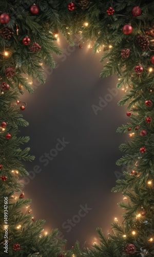 Luxurious repeating Xmas border; rich conifer branches, glowing lights ,  elegant,  green,  festive background