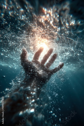 Single Human Hand Reaching Up Through Bubbling Water Surface Towards Bright Light, Symbolizing Hope and Drowning