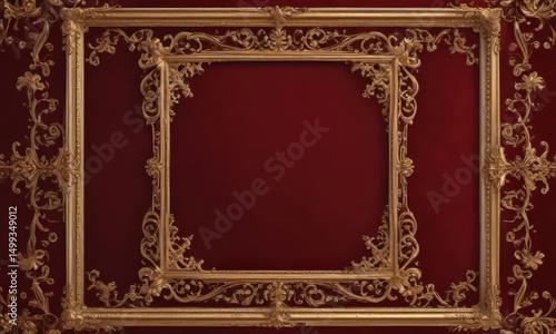 Intricate gold scrollwork frame on deep crimson velvet  , glossy, royal