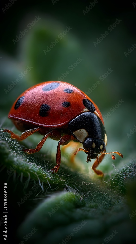 Fototapeta premium Red ladybug with black spots on a green leaf in spring
