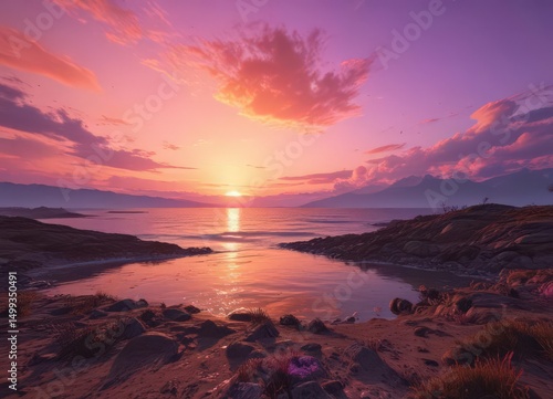 Fiery sunset paints sky with orange, pink, purple hues  Breathtaking horizon , afterglow, vista, picture