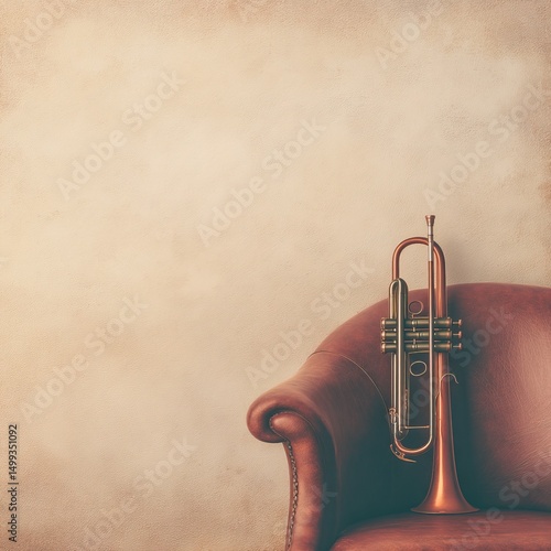 Antique trumpet resting on a vintage armchair.