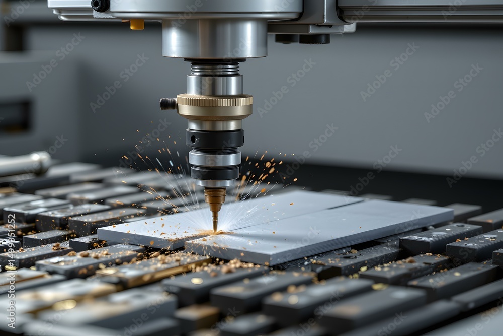 Precision CNC Milling Machine in Action: Close-Up of Metal Cutting Process with Sparks and Shavings on Work Surface Precision CNC Milling Machine in Action: Close-Up of Metal Cutting Process with Sparks and Shavings on Work Surface