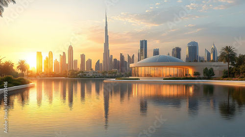 Wallpaper Mural City skyline reflected in water under a golden sunset, with palm trees on the shore Torontodigital.ca