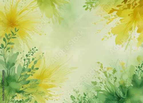 Abstract watercolor wash, green & yellow gradients, blurred floral shapes,  painting,  blossom,  nature