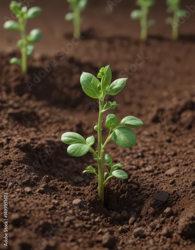 Close-up vibrant green pea sprout emerging from rich soil,  agriculture,  growth