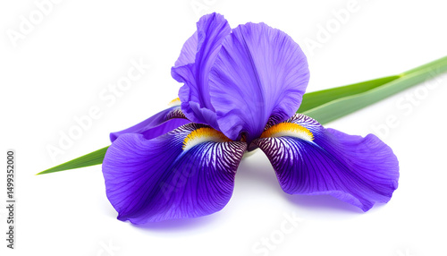 Purple iris flower with green leaf isolated on white background