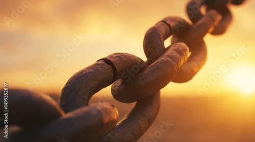 Close-up of a rusty chain link against a golden sunset, symbolizing strength and resilience