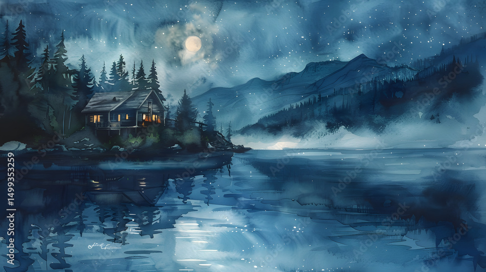 Fototapeta premium Lakeside Cabin Under moonlight Reflection
