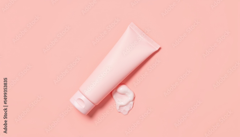 Soft Pink Tube with Creamy Product and Swirl on Pastel Background Soft Pink Tube with Creamy Product and Swirl on Pastel Background