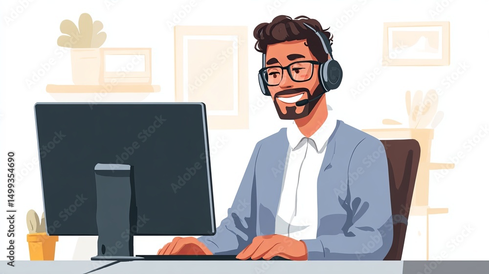 Man working at computer with headphones Man working at computer with headphones