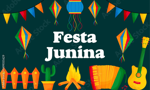 Festa junina music festival celebration invitation, greeting card, poster, banner and flyer design vector illustration.