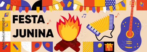Trendy minimal abstract concept on Festa junina music festival celebration invitation, greeting card, poster and banner design vector illustration.