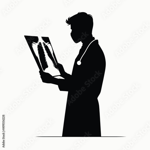 pure black silhouette of a doctor reading an x ray film, standing posture, minimal style on white background