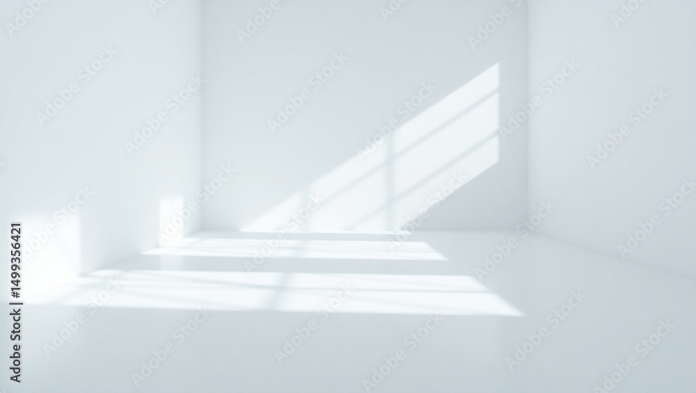 Obraz premium Empty white room studio with leaves shadow overlay effect for product presentation display. Cosmetic beauty fashion showroom. Morning sunlight through the window. Minimal Mock up interior background