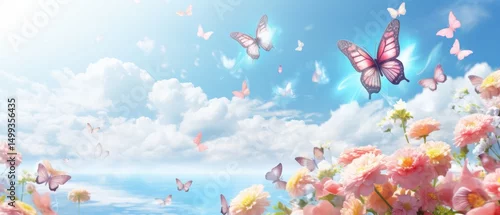 Fototapeta Motyle w locie nad kwiatami i chmurami