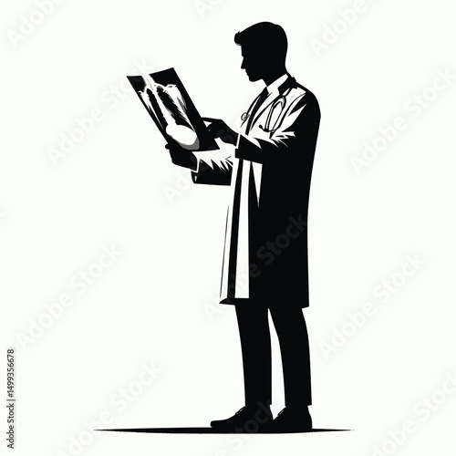pure black silhouette of a doctor reading an x ray film, standing posture, minimal style on white background