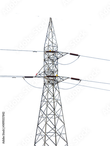 High voltage power lines on steel transmission towers supply electricity isolated on white background