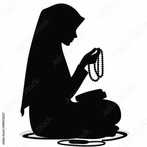 Vector Silhouette of Muslim Girl in Hijab Reciting Tasbih Minimal Black Art on White Background
