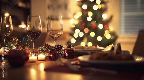 Festive Christmas candles and lights decorate a happy new year's celebration table with glasses of champagne and wine