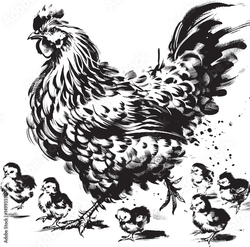Beautiful black and white ink illustration showcasing a hen with her lively chicks, embodying nurturing and nature's harmony. A perfect depiction of maternal care and the vitality of life