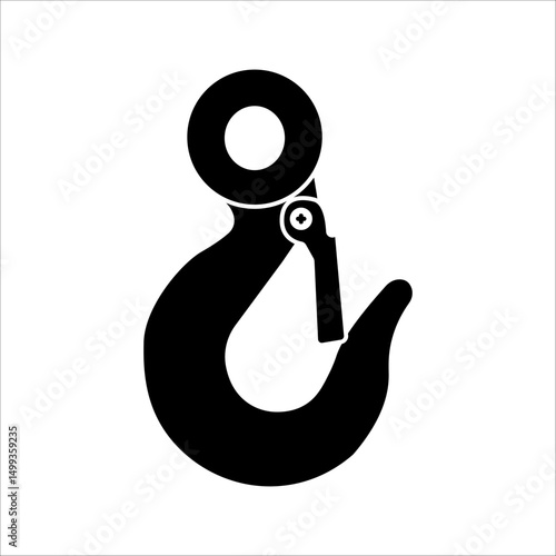 Black industrial hook icon on black and white background. Crane hook icon. Vector Illustration.