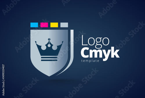 Logo Shield and Crown. CMYK Printing theme. Template design vector. Black background.