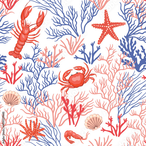 Underwater ocean world seamless pattern. Lobster, crab, shrimp, starfish, coral reefs wallpaper.	