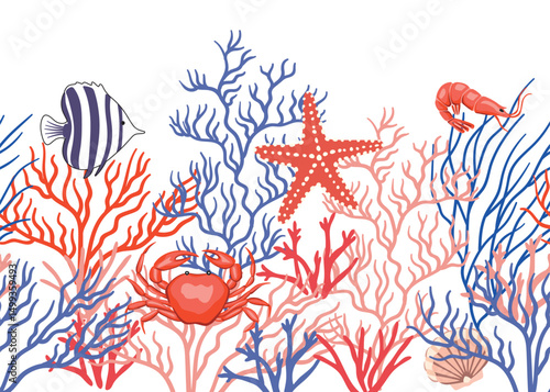 Underwater ocean world seamless border. Fish, crab, shrimp, starfish, coral reefs mural.	