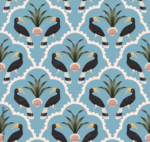 Exotic bird, shell, plant, arch seamless pattern blue background. Floral botanical jungle wallpaper.