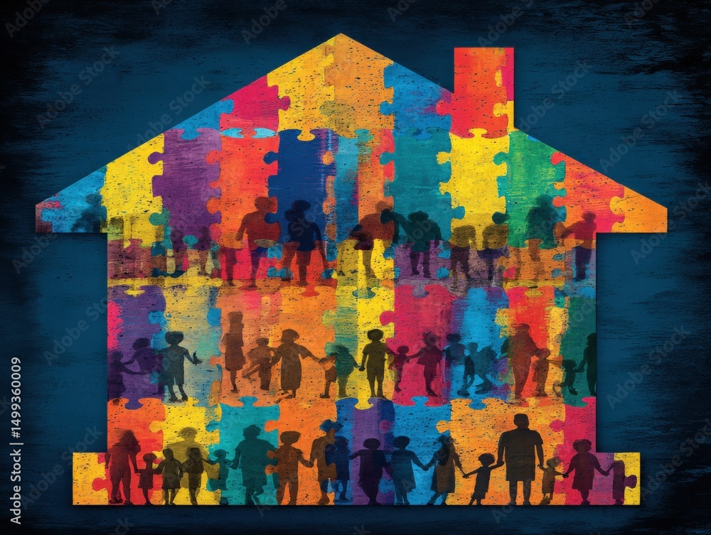Fototapeta premium Colorful House Silhouette with Puzzle Pieces and Diverse Silhouettes