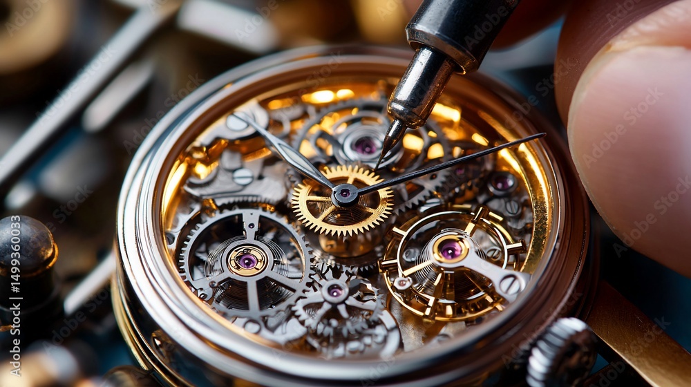 Fototapeta premium Detailed view of a watchmaker meticulously working on an intricate timepiece mechanism