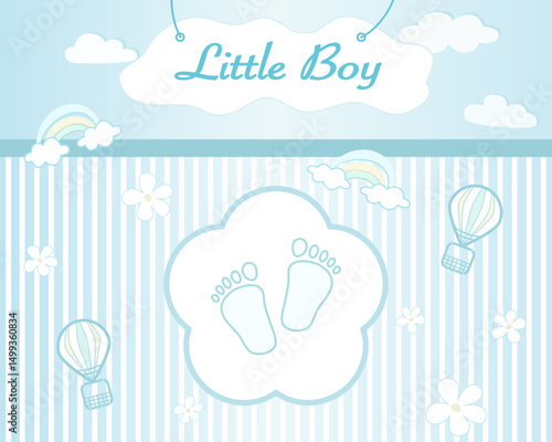 Vector - Cute border or frame on newborn concept. Invitation card. Boy, son. Blue and white color. Copy space. Can be use for album, scrapbook.