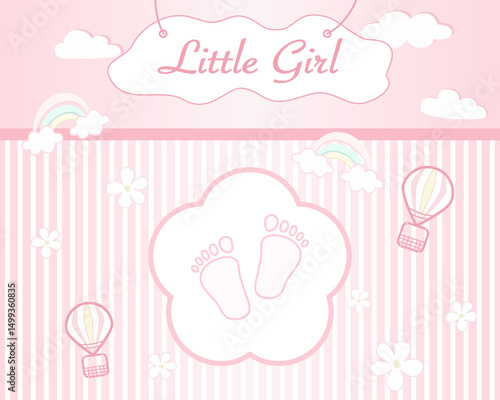 Vector - Cute border or frame on newborn concept. Invitation card. Girl, daughter. Pink and white color. Copy space. Can be use for album, scrapbook.